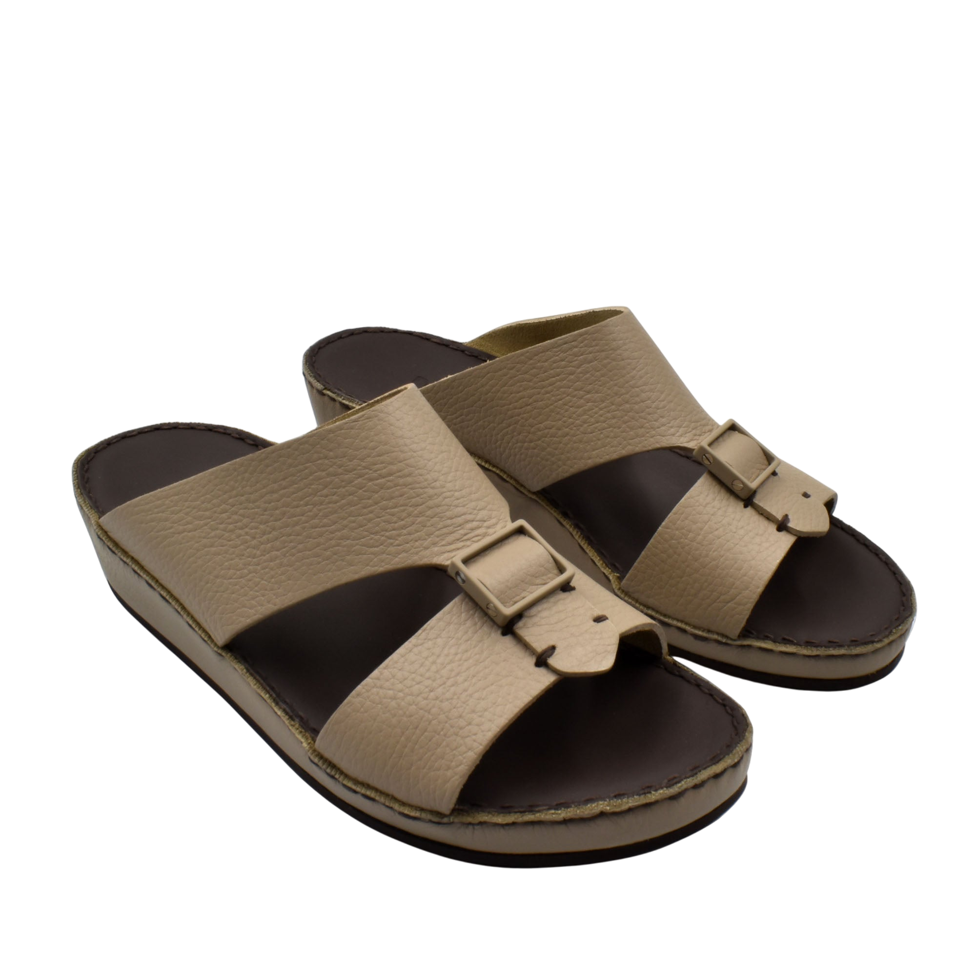 Brown deercalf leather sandals with adjustable buckle straps and cushioned sole