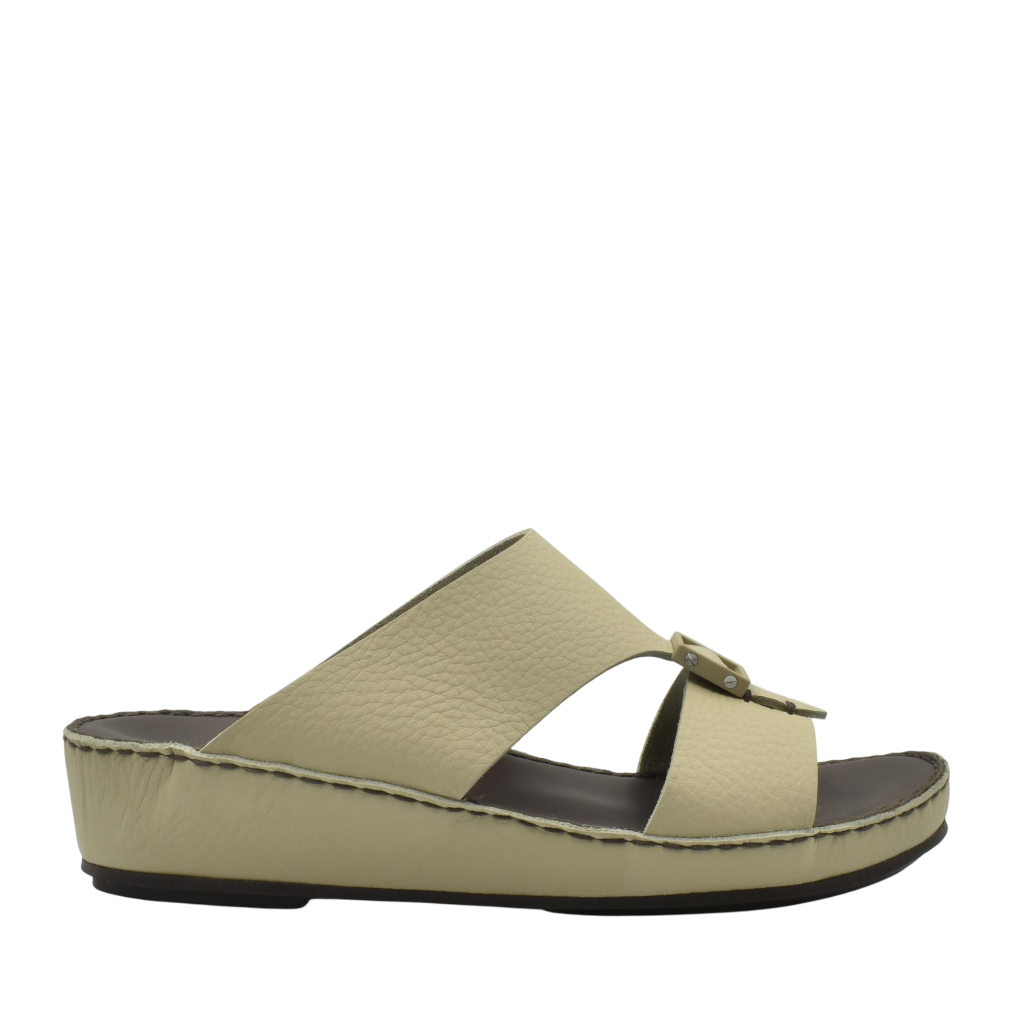 Beige deercalf leather sandals with cushioned sole and adjustable strap from private collection