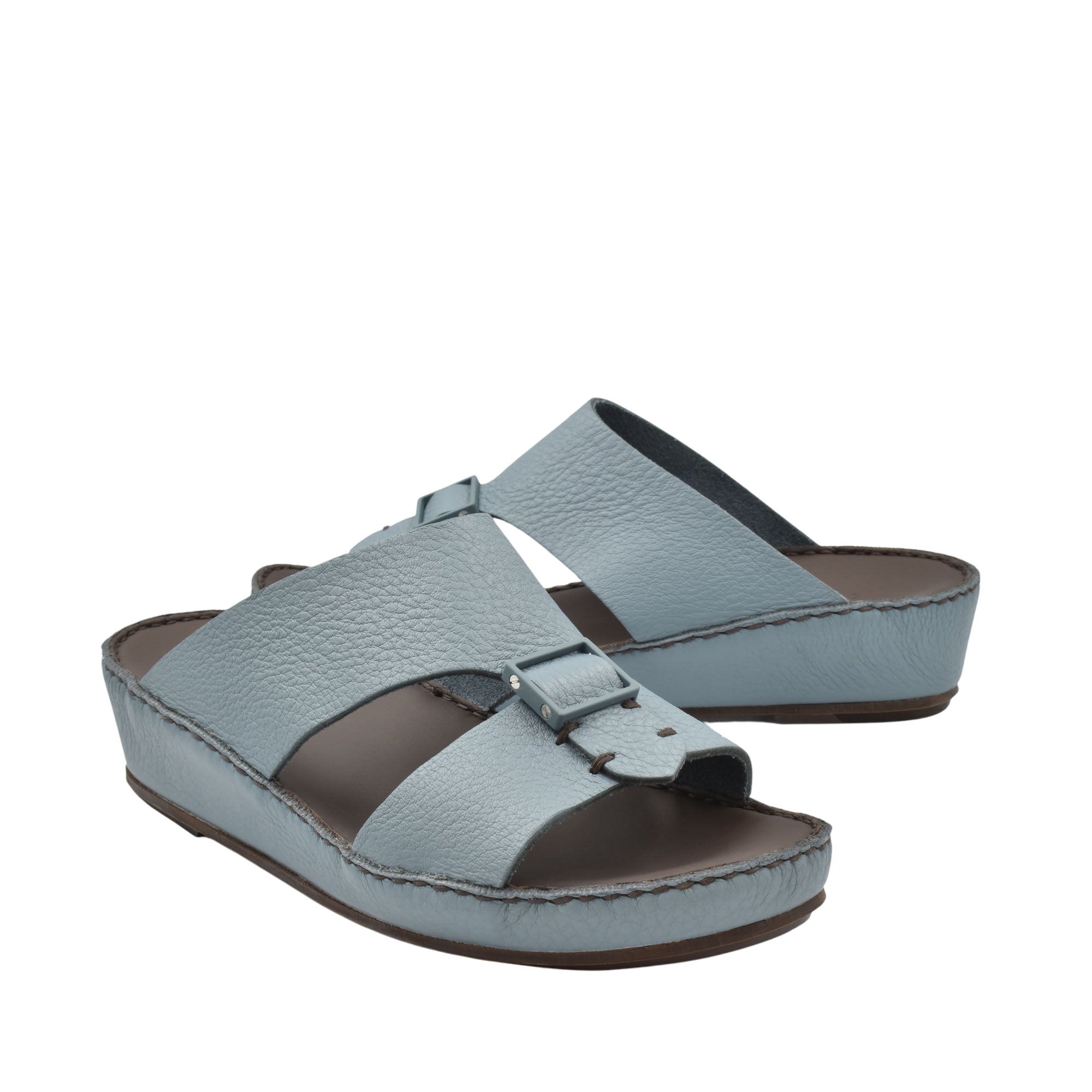 Light blue deercalf leather sandals with adjustable buckle straps and cushioned sole