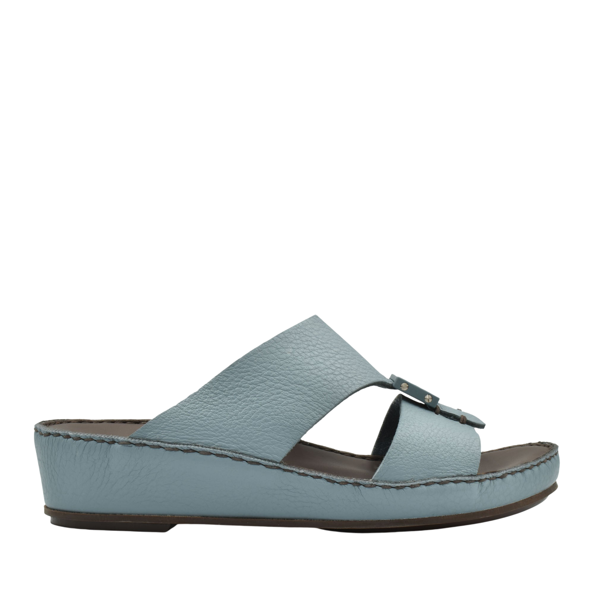 Light blue deercalf leather sandals with wedge sole and stitched detailing from Private collection