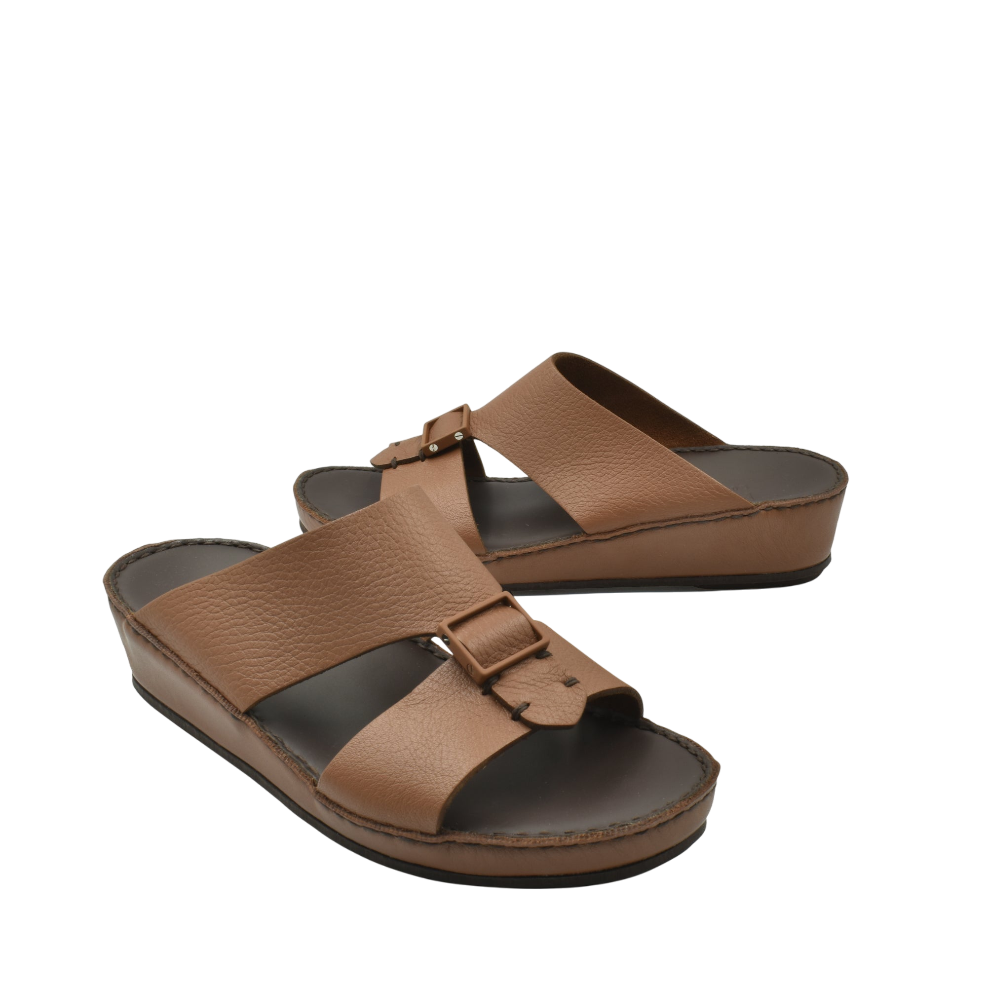 Brown deercalf leather sandals with adjustable buckle straps and cushioned sole for comfort