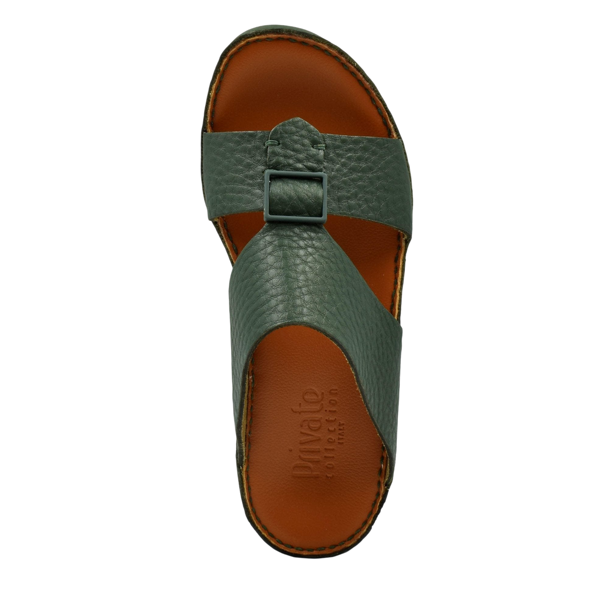 Green luxury leather sandals with adjustable buckle strap and brown cushioned footbed