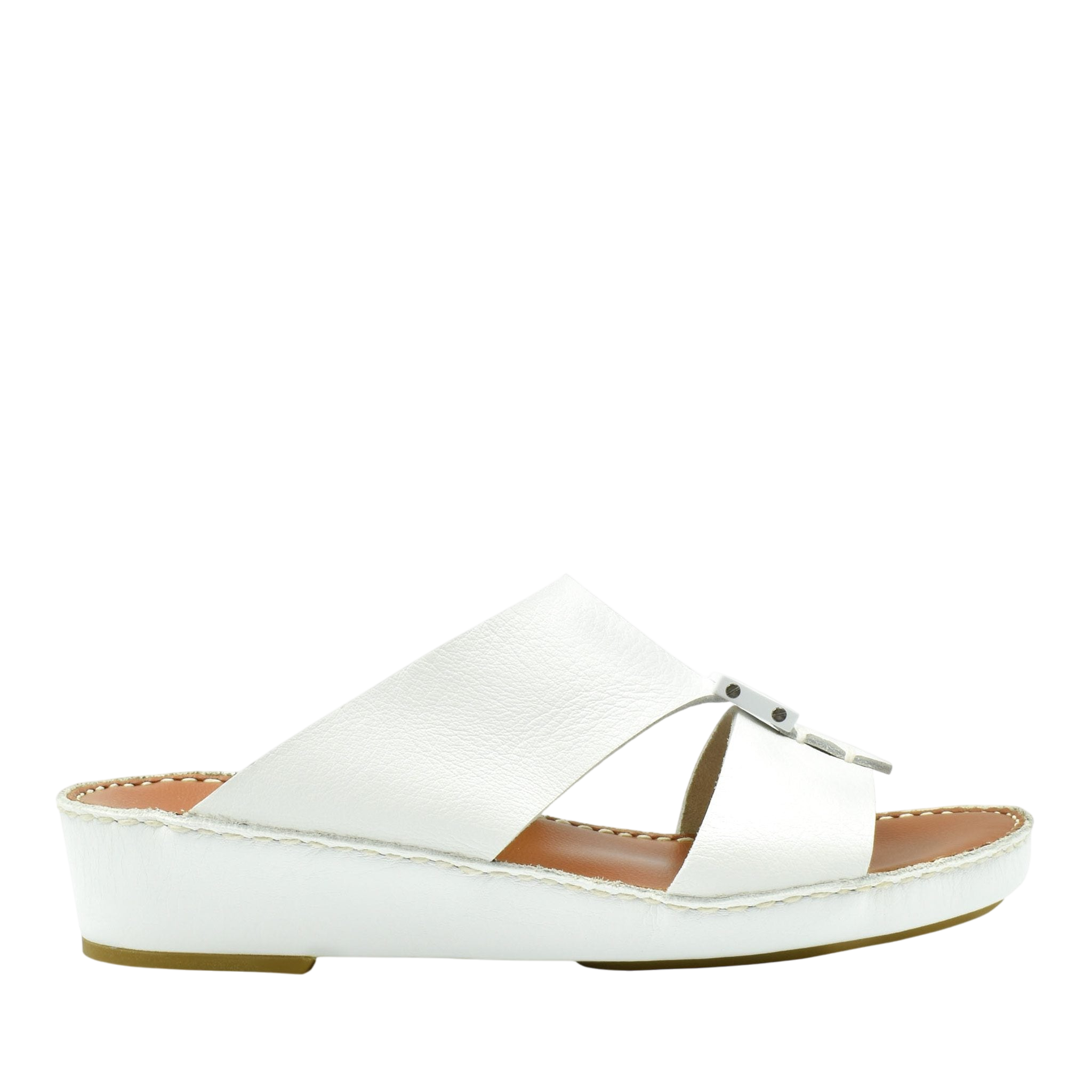 White luxury leather sandals with adjustable buckle and cushioned sole from private collection