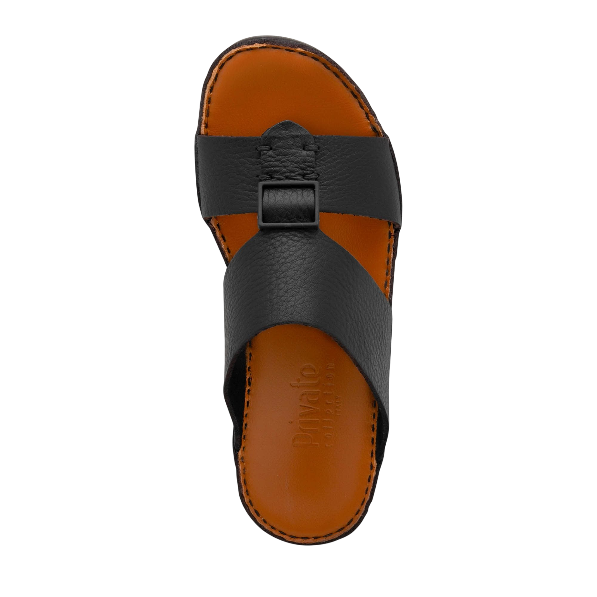 Black luxury leather sandals with wide straps and brown cushioned footbed from Private Collection