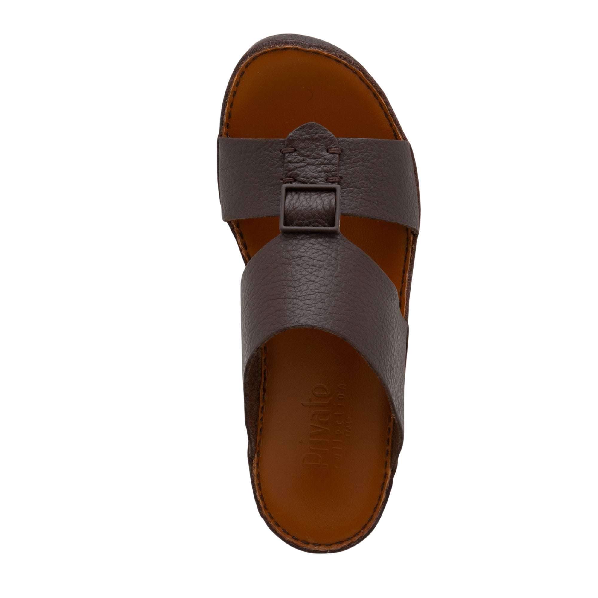 Top view of brown luxury leather sandals with adjustable buckle straps from Private Collection