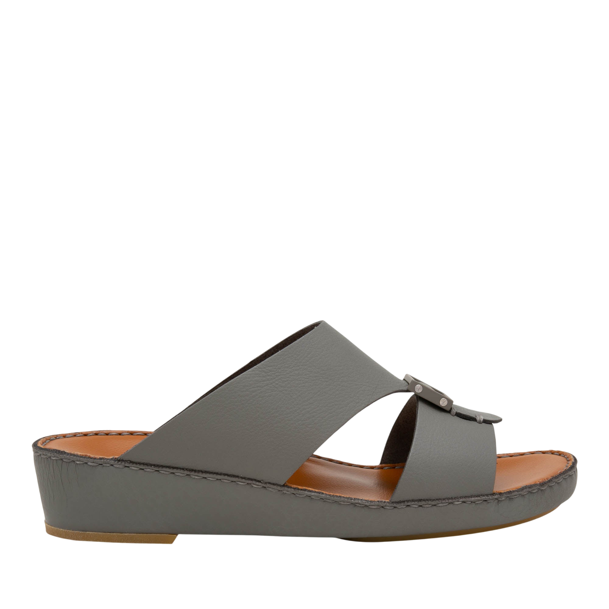 Gray slip-on luxury leather sandals with open toe and low wedge heel from private collection