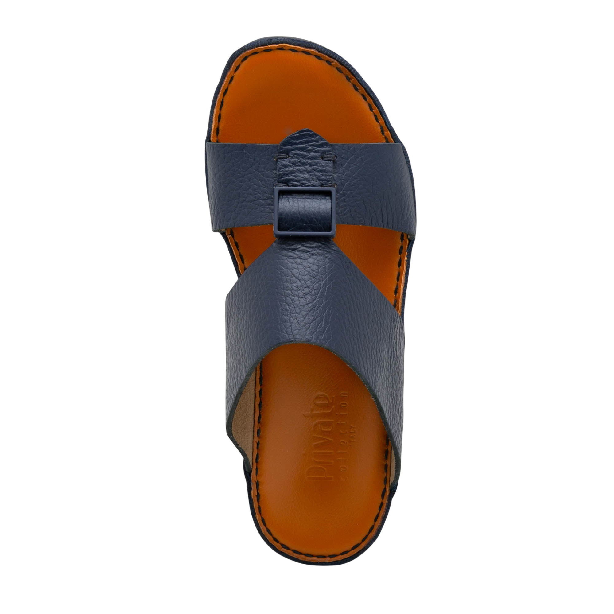 Top view of navy blue luxury leather sandals with orange footbed and stitched edges