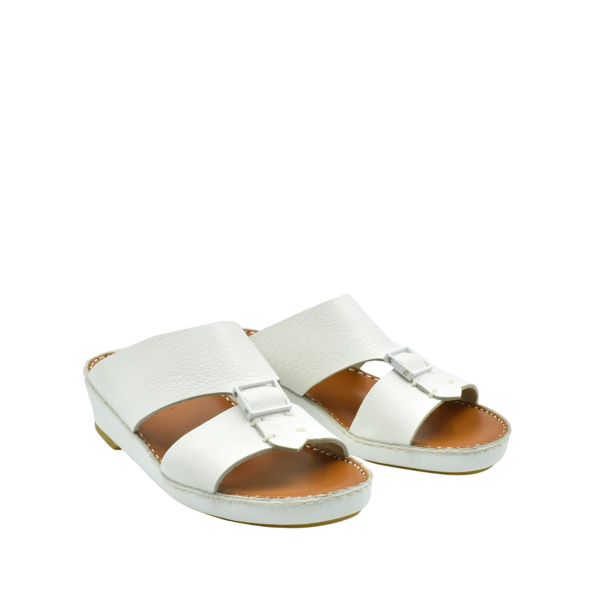 White luxury leather sandals with buckle detail and cushioned sole from private collection