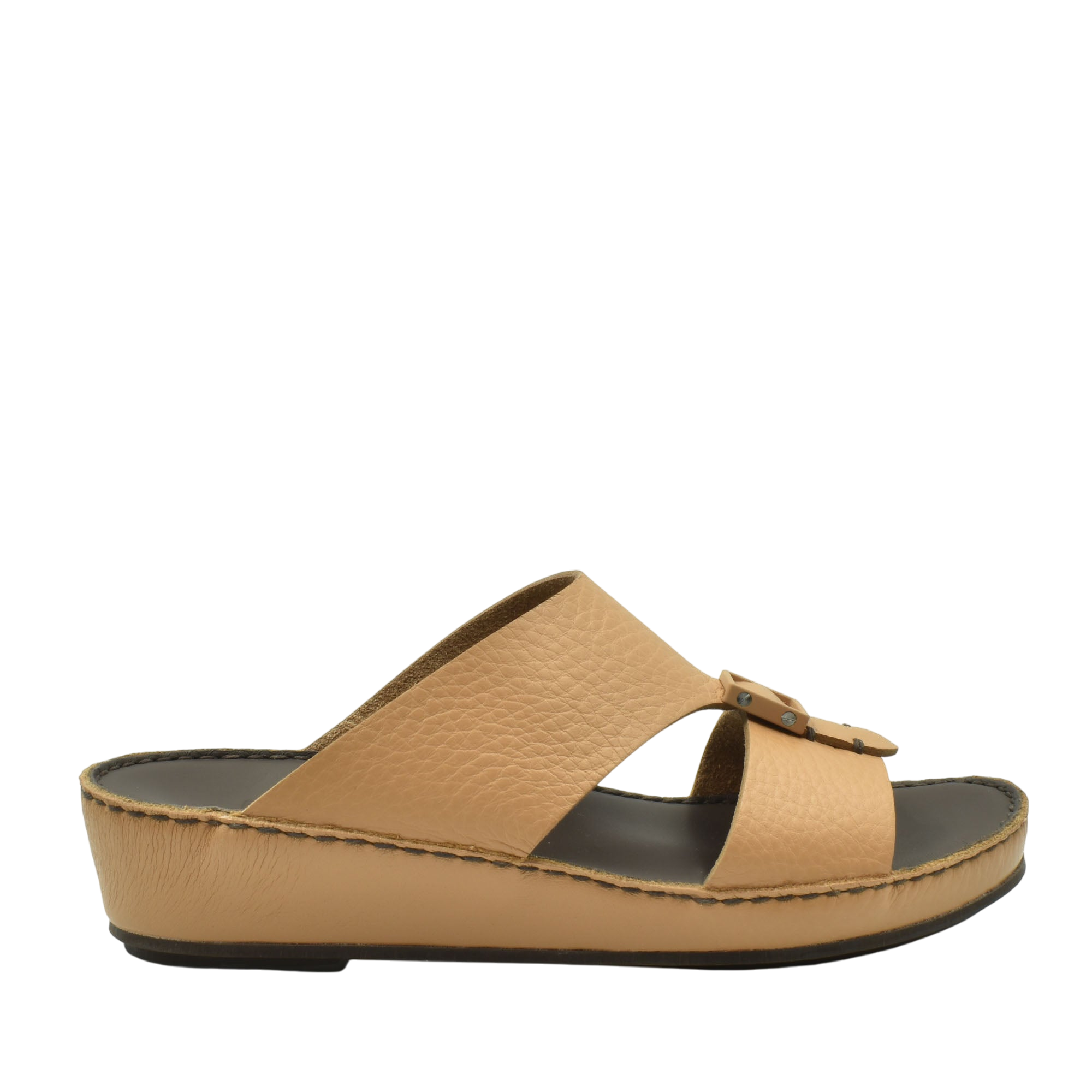 Tan leather slip-on premium casual sandals with cushioned sole and buckle detail by Private Collection
