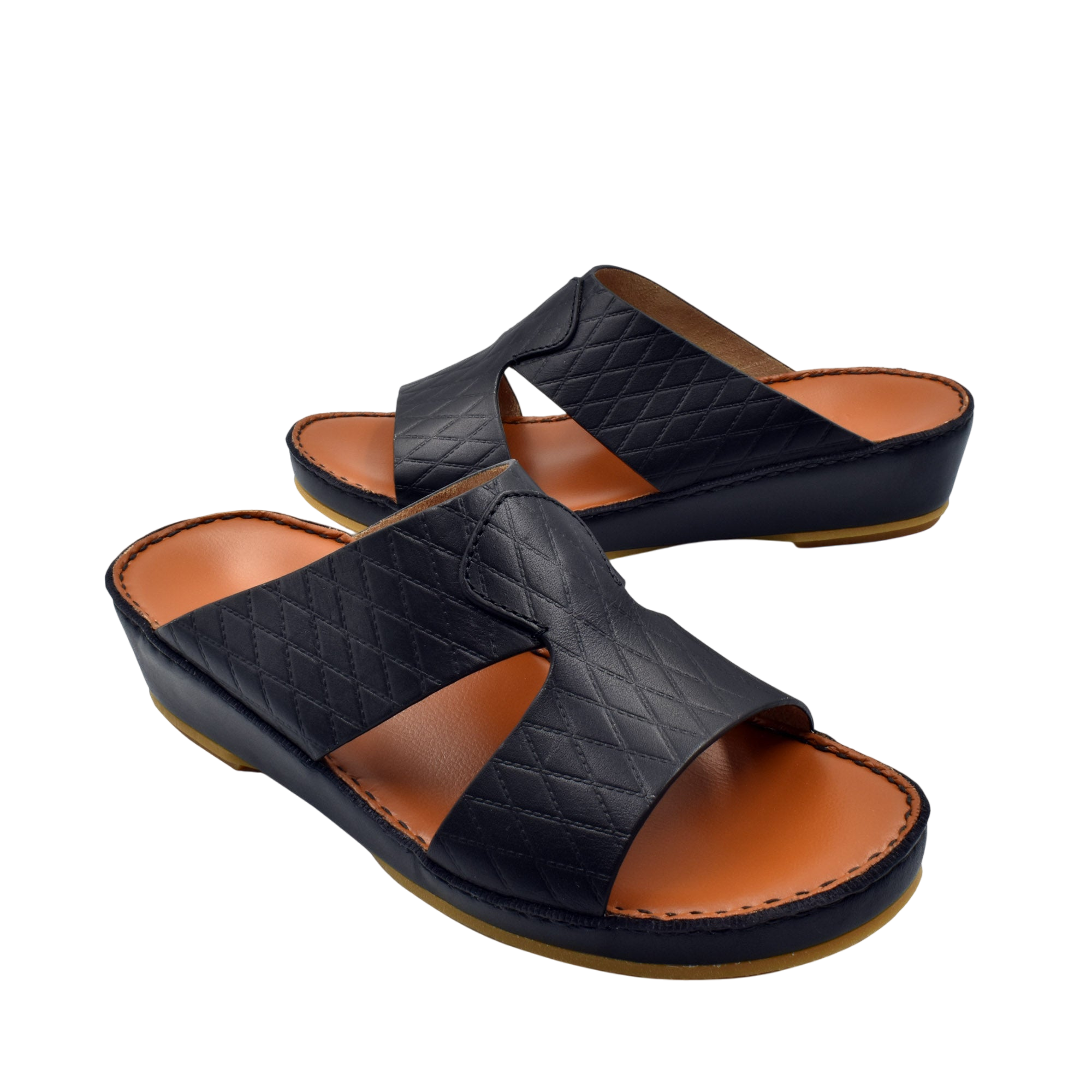 Black Western style leather sandals with quilted straps and cushioned tan footbed
