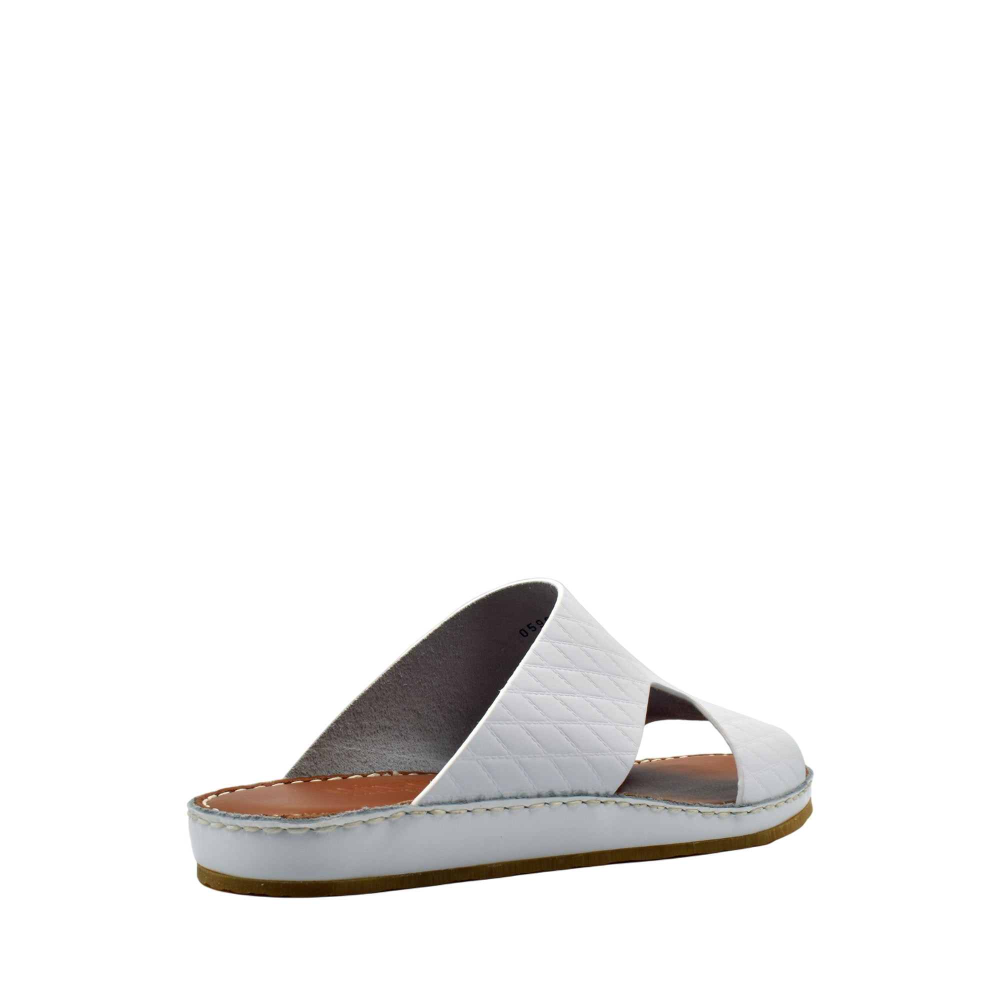 White Western style leather sandals with quilted straps and brown cushioned sole